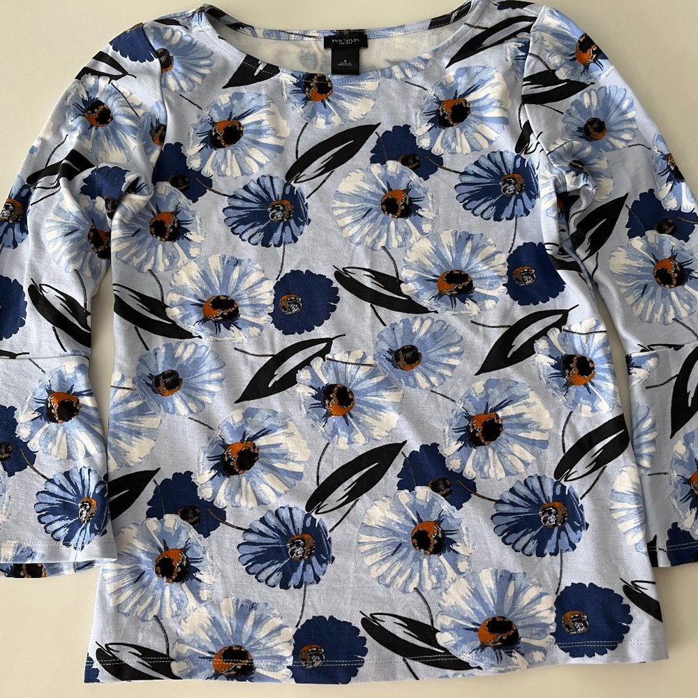 Ann Taylor Floral Knit Blue/Orange Top Blouse Shirt Long Bell Sleeves Sz Small - Picture 6 of 9